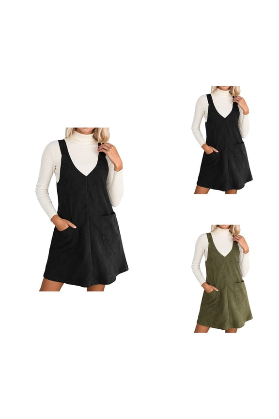 Corduroy Pinafore Dress for Women, A-Line V-Neck Sleeveless Overall with Pockets, Casual Relaxed Fit Denim-Style Jumper Dress