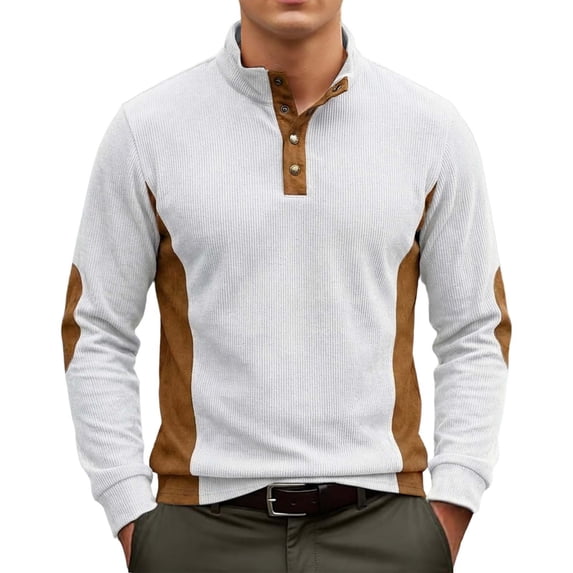 Corduroy Polo Shirts for Men Spring Fall Casual Long Sleeve Stand Collar Color Block Work Shirts
