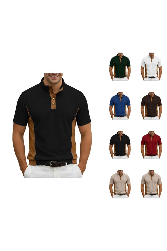 Corduroy Polo Shirts for Men Summer Casual Fashion Short Sleeve Stand Collar Patchwork Work Tshirts Golf Shirt