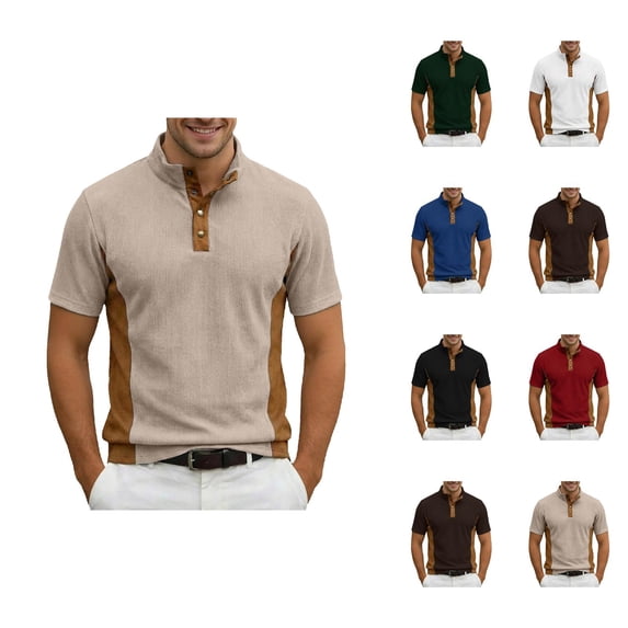 Corduroy Polo Shirts for Men Summer Casual Fashion Short Sleeve Stand Collar Patchwork Work Tshirts Golf Shirt