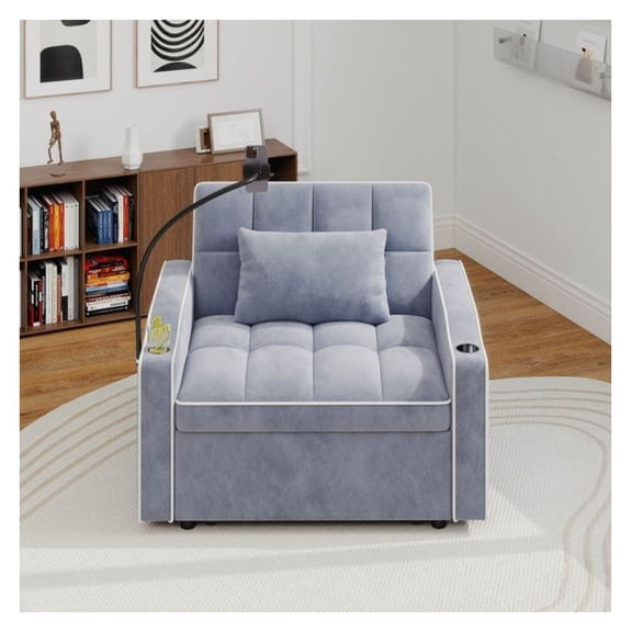 Corduroy Pull Out Chair Bed with Cup Holder & USB Port, Single Sleeper Sofa