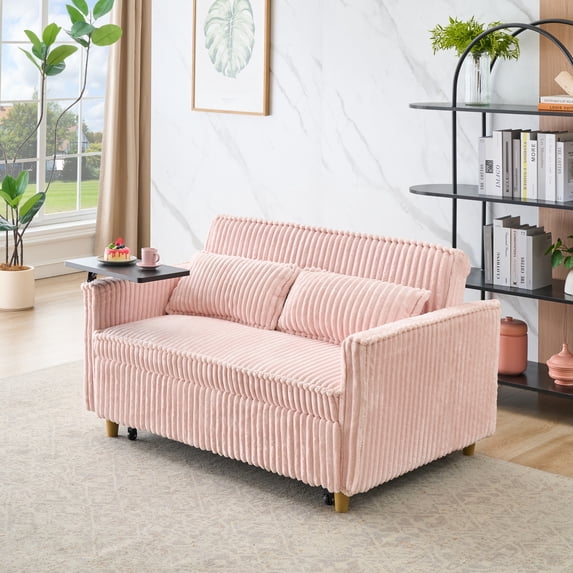 Corduroy Pull-out and Push-in Sofa with Dual Functions,Convertible Sofa Bed with a Movable Tabletop and USB Ports,Adjustable Backrest Couch Bed for Living Room ,Bedroom and Guest Room,Pink