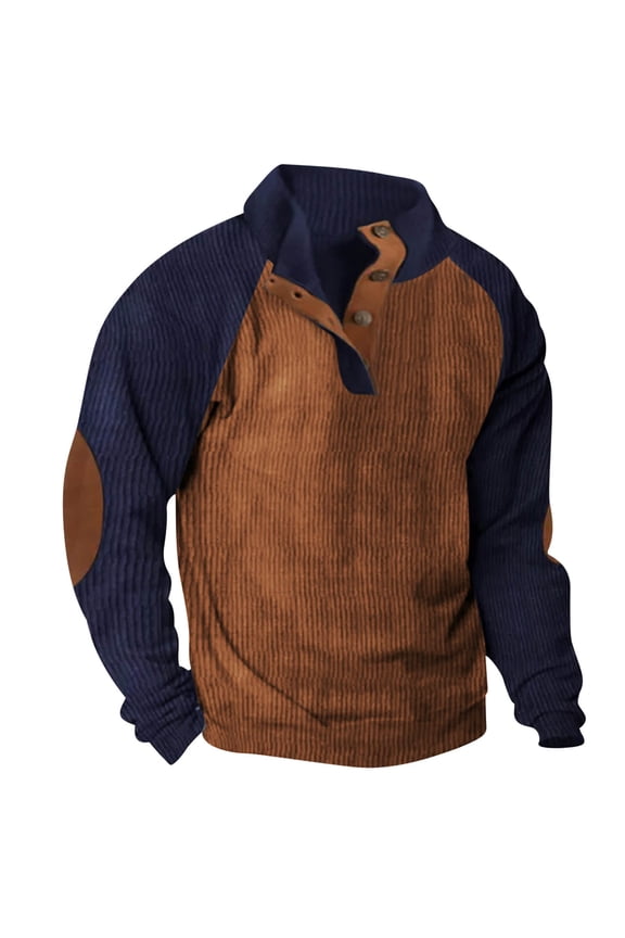 Corduroy Pullover Mens Long Sleeve Henley Stand Collar Color Block Sweaters Retro Western Casual Winter Top Outwear (X-Large, Navy)