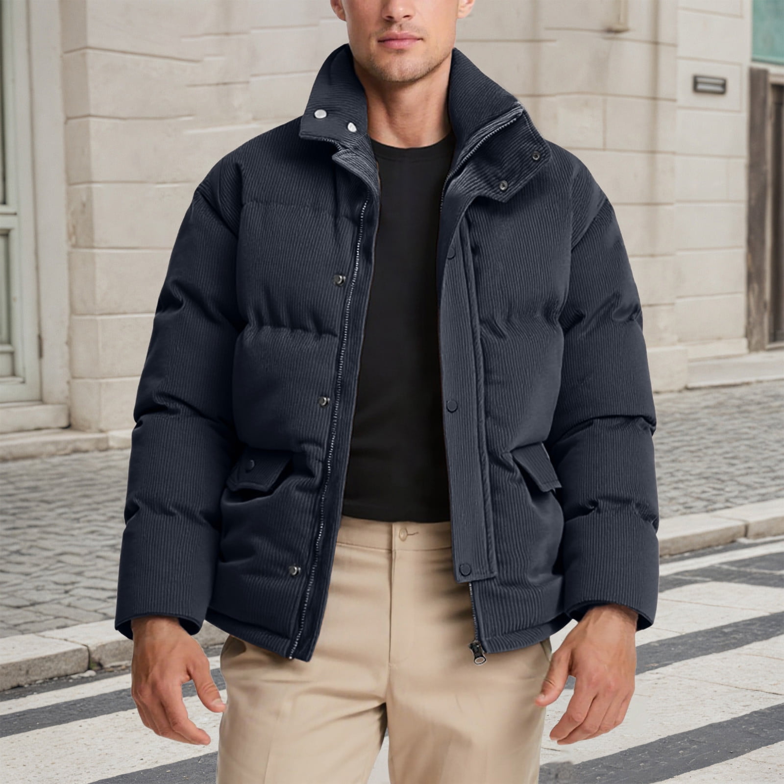 Corduroy Quilted Jacket Stand Collar Winter Warm Coat (Grey XL