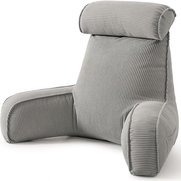 Corduroy Reading Pillow for Sitting Up in Bed, Backrest Pillow with Arms, Full Back Support Cushion with Side Pockets & Washable Cover, Adult Support for Sofa Couch Floor, Light Gray