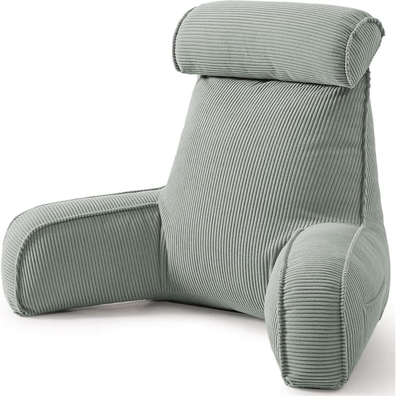 Corduroy Reading Pillow for Sitting Up, Bed Rest Pillow with Arms, Detachable Headrest, Side Pockets & Washable Cover, Back Support for Sofa Couch Relaxing, Grey Green