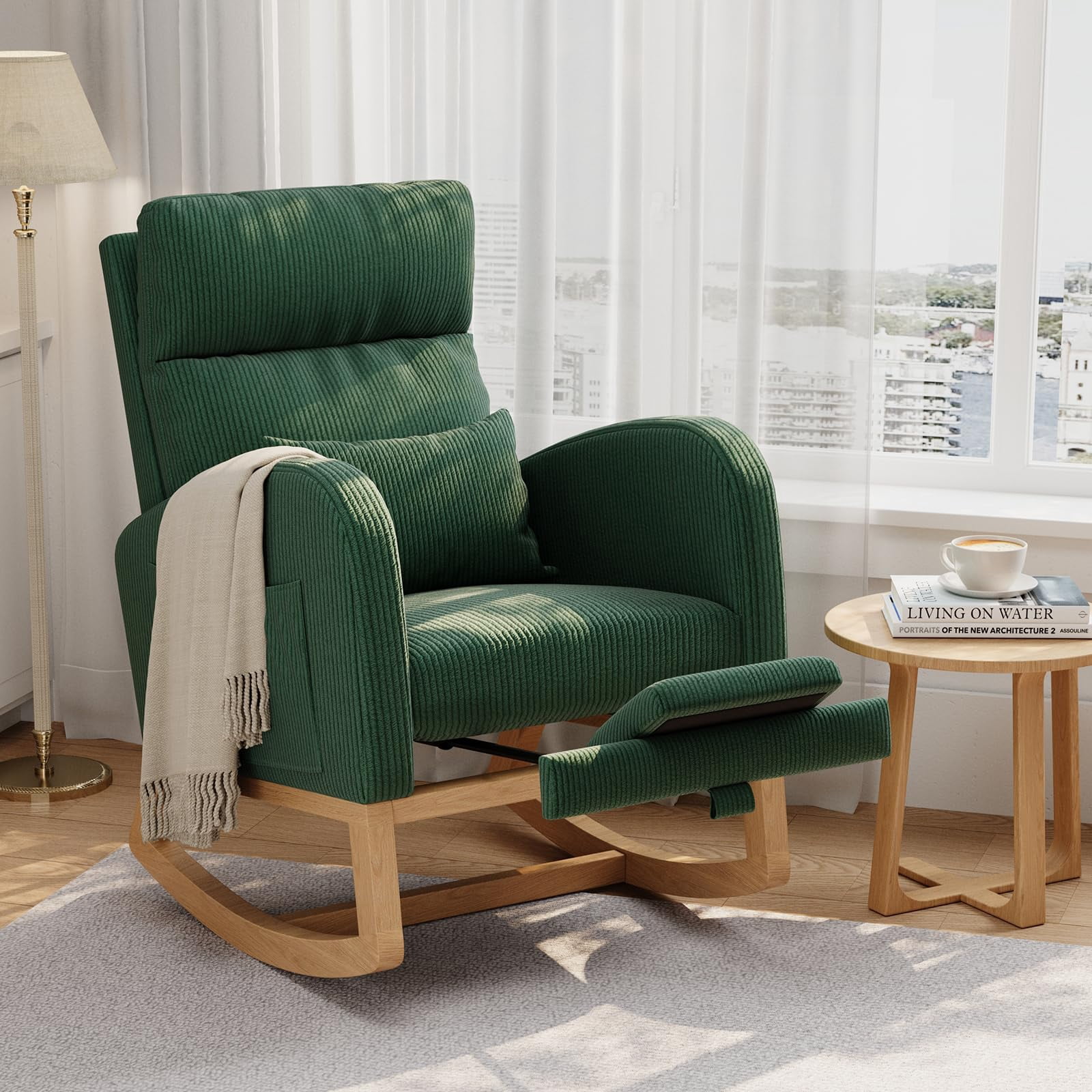 Corduroy Rocking Chair with Footrest - Reclining Glider with Pillow & Side Pockets - Cozy Nursery and Living Room Accent Armchair - Light Brown Corduroy with Footrest，Dark green