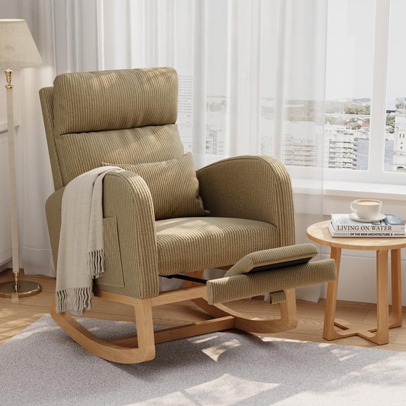 Corduroy Rocking Chair with Footrest - Reclining Glider with Pillow & Side Pockets - Cozy Nursery and Living Room Accent Armchair - Light Brown Corduroy with Footrest,Light brown