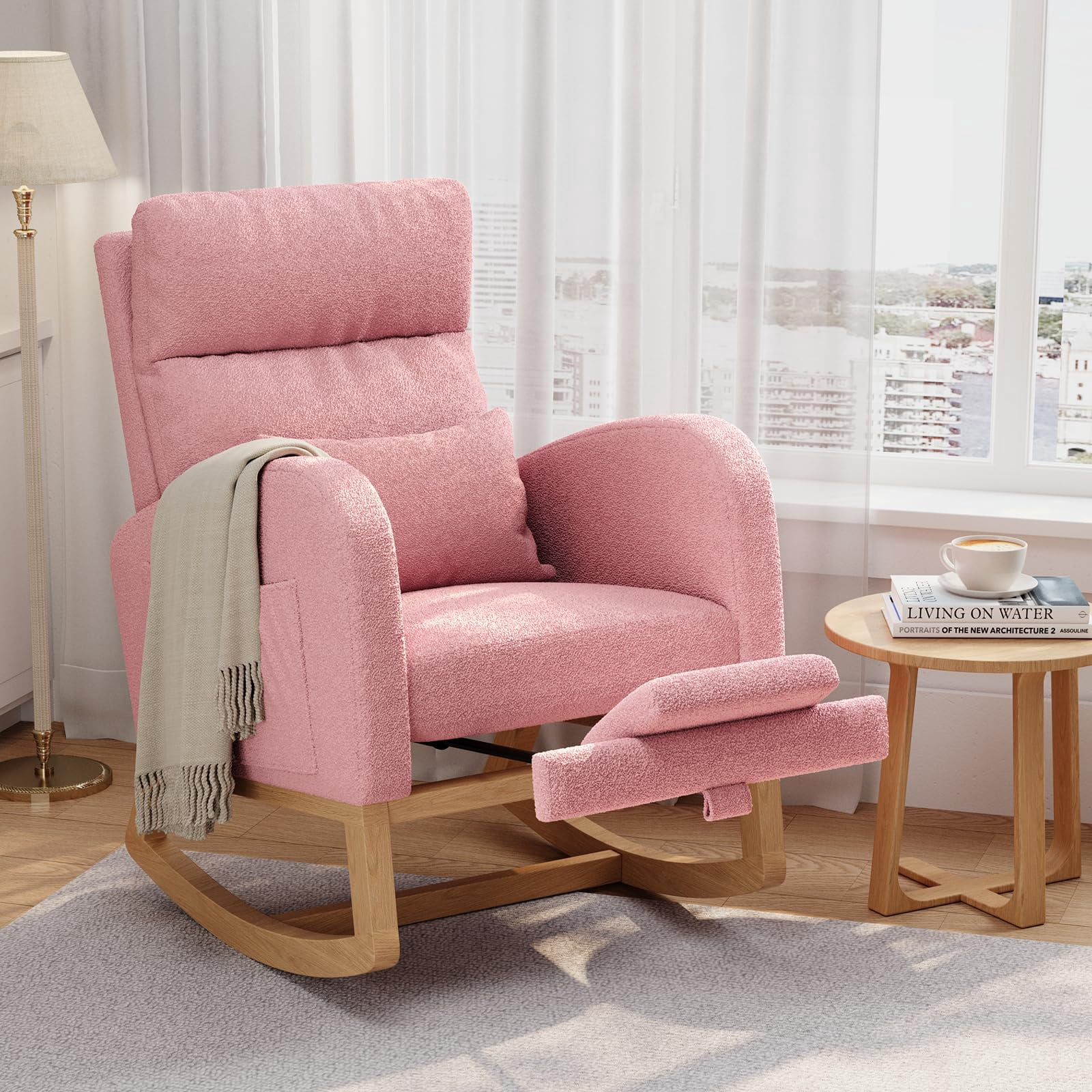 Corduroy Rocking Chair with Footrest - Reclining Glider with Pillow & Side Pockets - Cozy Nursery and Living Room Accent Armchair - Light Brown Corduroy with Footrest，Pink