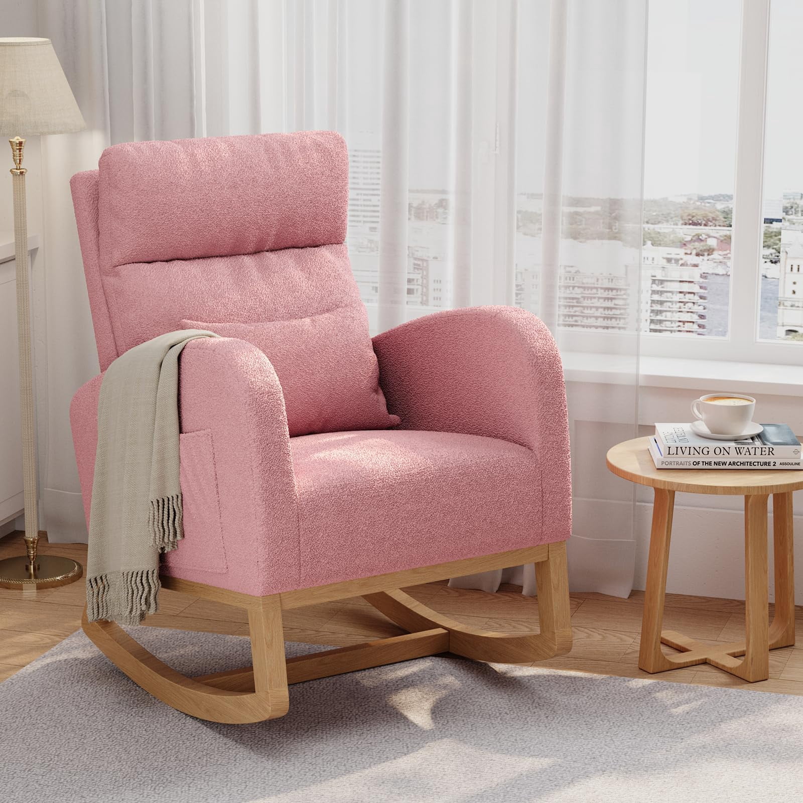 Corduroy Rocking Chair without Footrest - Reclining Glider with Pillow & Side Pockets - Cozy Nursery and Living Room Accent Armchair - Light Brown Corduroy with Footrest，Pink