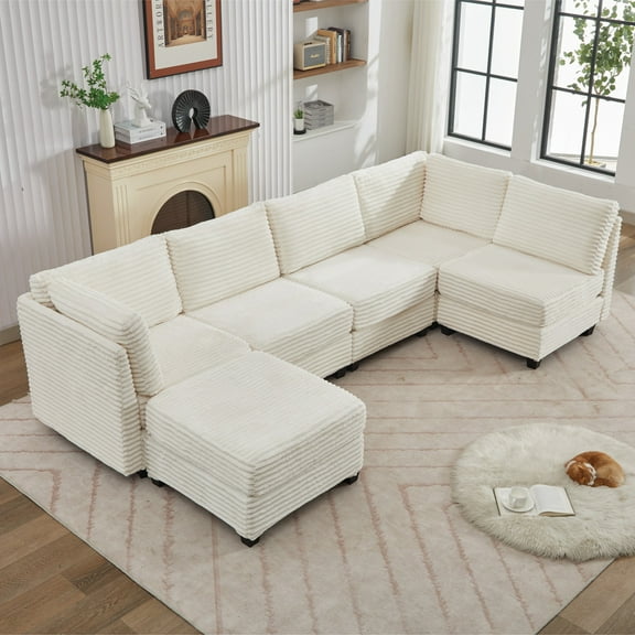 Corduroy Sectional Couch with Storage, U Shaped Sectional Sofa with Ottoman, Modular Sectional Couches for Living Room (Beige)