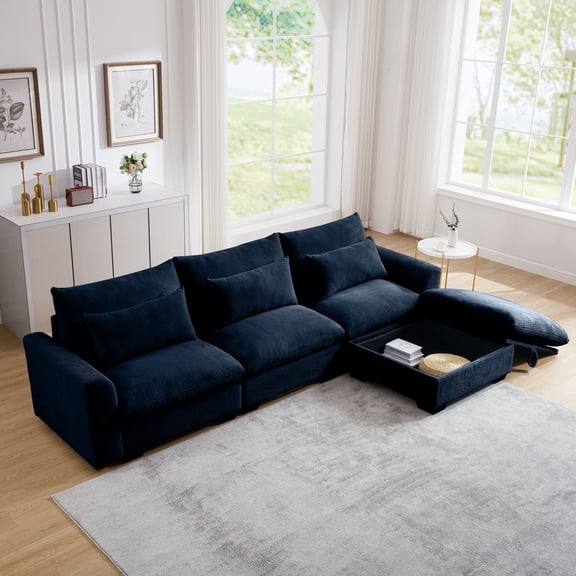 Corduroy Sectional Sofa, L Shaped Couch with Storage Footstool and 3 Pillow, Sectional Couch for Living Room Apartment (Blue)