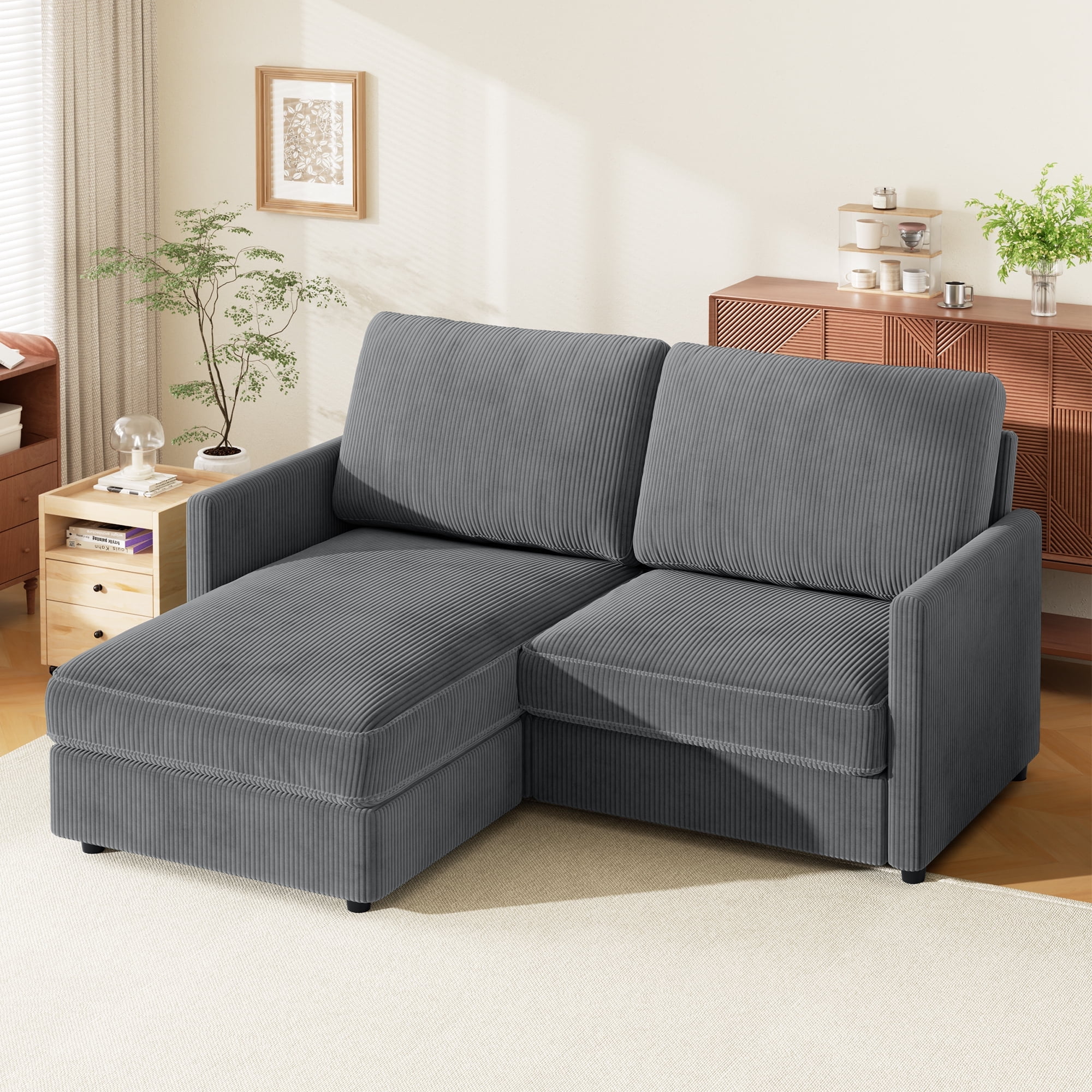 Extra Comfy 71” Corduroy Sectional Sofa Bed, Neche L-Shaped Couch with Wide Chaise Cushion, Loveseat Upholstered for Living Room, Office, Small Space, Dark Gray