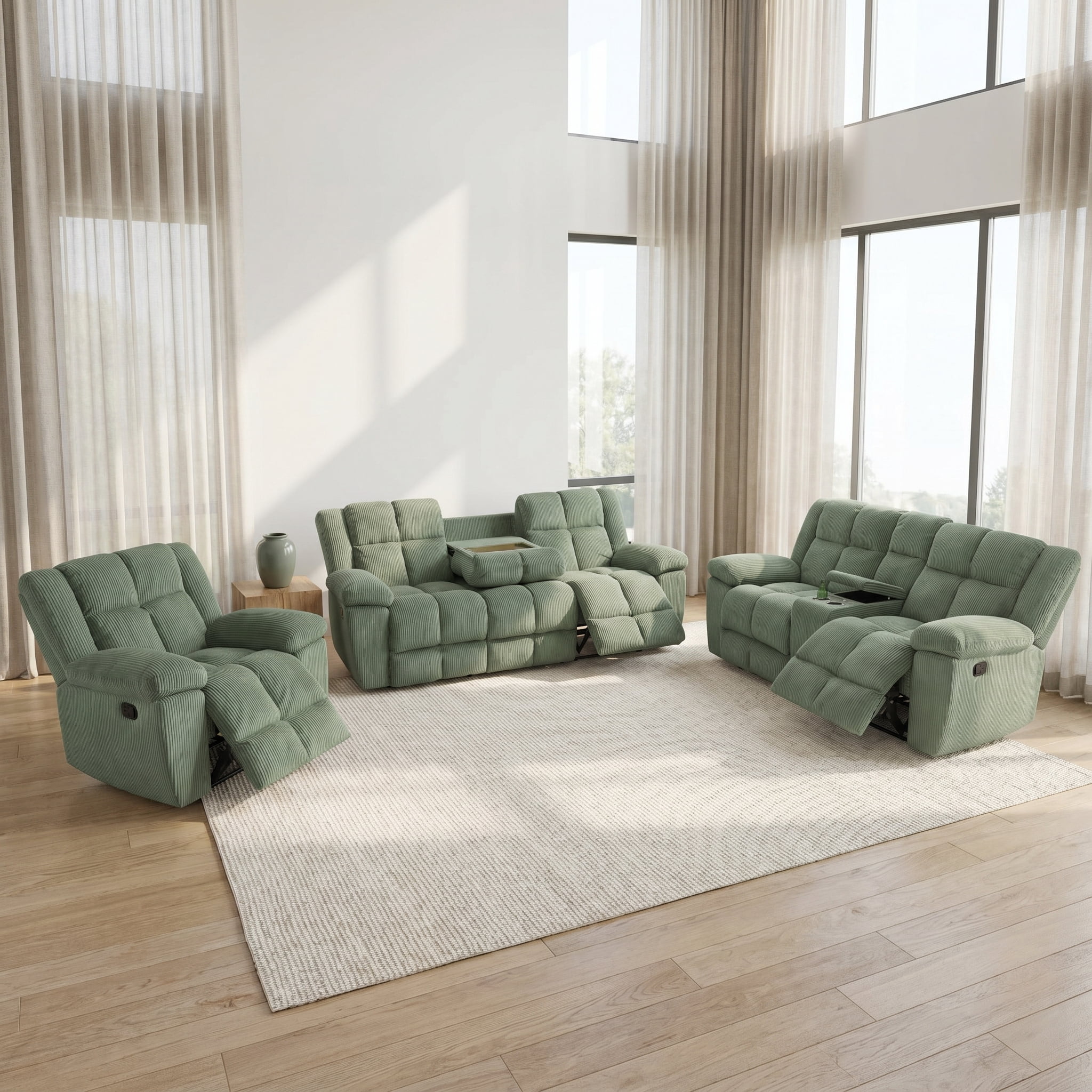 Corduroy Sectional Sofa Set, 3-Piece Soft Green Sofa Manual Recliner Couch with Loveseat & Recliner Chair, Built-in Cup Holders, Storage Console & Fold-Down Table, Plush Couch Set for Living Room