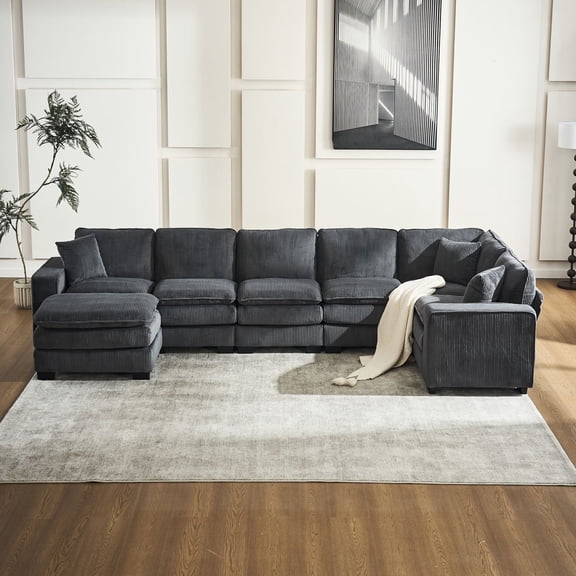 Corduroy Sectional Sofa with 3 Pillows / Adds Style to Living Room Decor