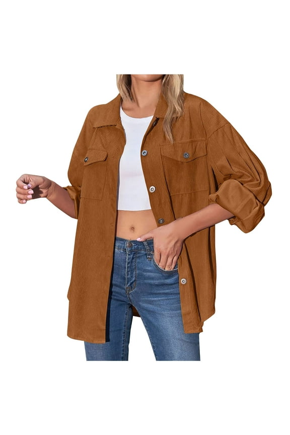 Corduroy Shacket Button Up Shirt Jackets Womens Casual Long Sleeve Collared Outwear Coat with Chest Pocket (2XL, Coffee)