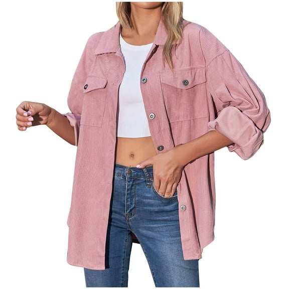 Corduroy Shacket Button Up Shirt Jackets Womens Casual Long Sleeve Collared Outwear Coat with Chest Pocket (2XL, Pink)