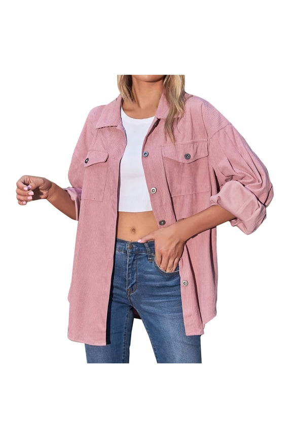 Corduroy Shacket Button Up Shirt Jackets Womens Casual Long Sleeve Collared Outwear Coat with Chest Pocket (M, Pink)