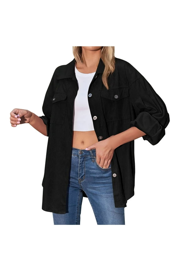 Corduroy Shacket Button Up Shirt Jackets Womens Casual Long Sleeve Collared Outwear Coat with Chest Pocket (XL, Black)