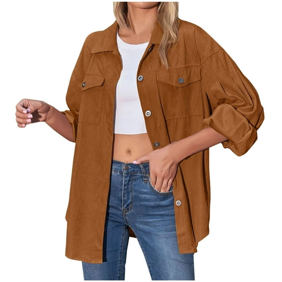 Corduroy Shacket Button Up Shirt Jackets Womens Casual Long Sleeve Collared Outwear Coat with Chest Pocket (XL, Coffee)