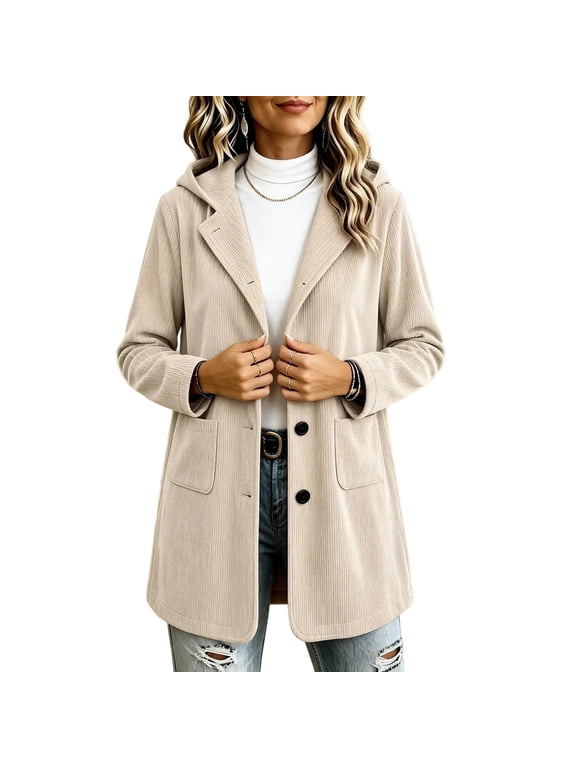 Corduroy Shackets for Women Fall Button Down Shirt Jackets with Hood Trendy Casual Outerwear Pockets Beige L