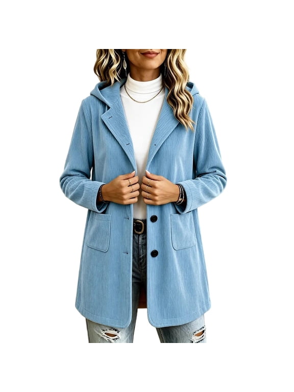 Corduroy Shackets for Women Fall Button Down Shirt Jackets with Hood Trendy Casual Outerwear Pockets Blue 2XL