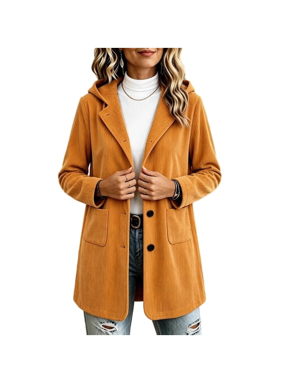 Corduroy Shackets for Women Fall Button Down Shirt Jackets with Hood Trendy Casual Outerwear Pockets Orange L