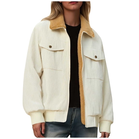Corduroy Sherpa Jacket for Women Solid Color Full Zipper Long Sleeve Lapel Overcoats Casual Coat with Pockets