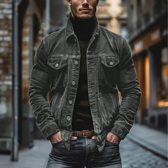 Corduroy-Shirt Jackets for Men with Pockets and Collared Shackets Coats Long Sleeve Button-Down Vintage Solid Color Cowboys Outerwear Jacket