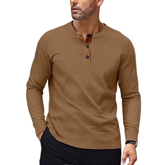 Corduroy Shirt Men Casual Long Sleeve 1/4 Button Up Polo Shirt Crewneck Sweatshirt Fashion Pullover OIOLOYJM Brown L
