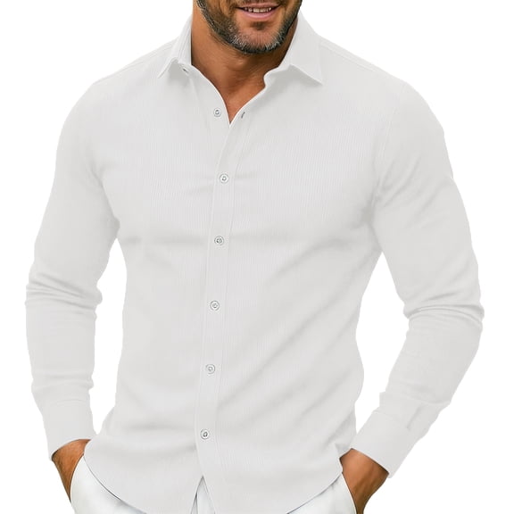 Corduroy Shirt Men Casual Solid Button Down Long Sleeve Dress Shirt Classic Collared Jackets Spring Regular Fit Work Shacket OIOLOYJM White L