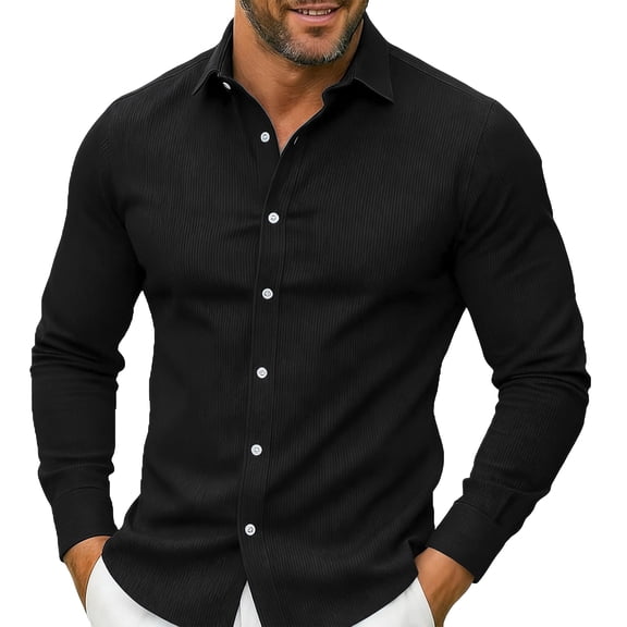 Corduroy Shirt Men Casual Solid Button Down Long Sleeve Dress Shirt Classic Collared Jackets 2026 Spring Lightweight Business Shacket OIOLOYJM Black L
