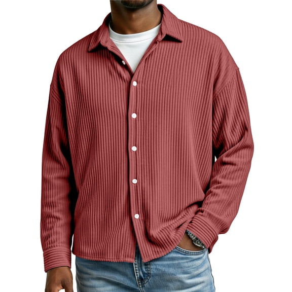 Corduroy Shirt Men Casual Solid Button Down Long Sleeve Dress Shirt Classic Collared Shirt Jacket Spring Regular Fit Work Shacket Overshirts OIOLOYJM Deep Red M