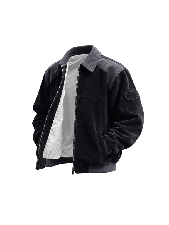Corduroy Shirt Men Casual Zip Up Flannel Shirt Shackets Long Sleeve Collared Vintage Jackets with Pockets Black 2XL