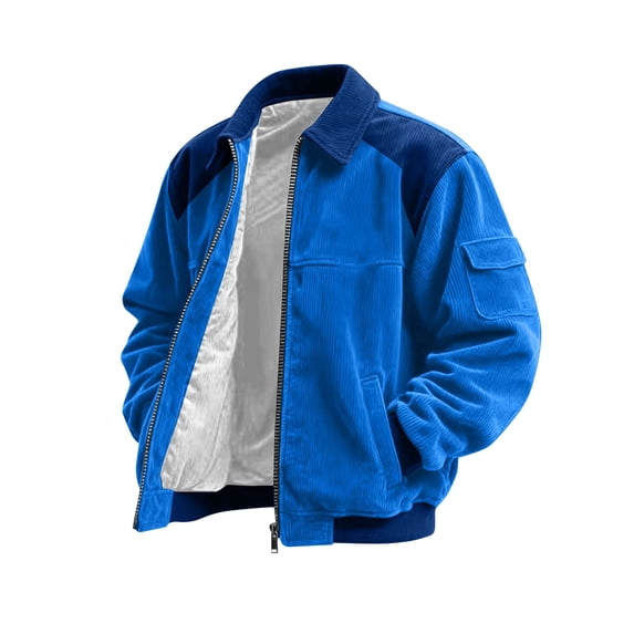 Corduroy Shirt Men Casual Zip Up Flannel Shirt Shackets Long Sleeve Collared Vintage Jackets with Pockets Blue 2XL