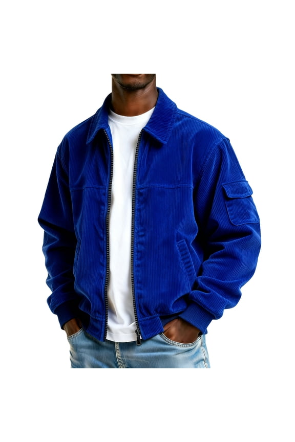 Corduroy Shirt Men Casual Zip Up Flannel Shirt Shackets Long Sleeve Collared Vintage Jackets with Pockets Blue M