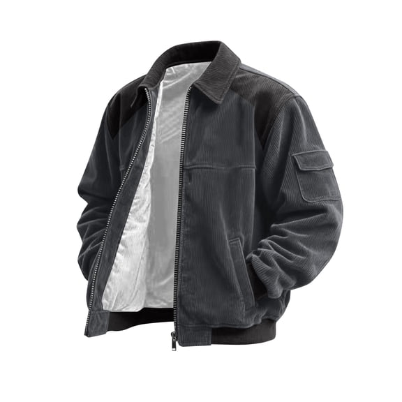 Corduroy Shirt Men Casual Zip Up Flannel Shirt Shackets Long Sleeve Collared Vintage Jackets with Pockets Dark Gray XL