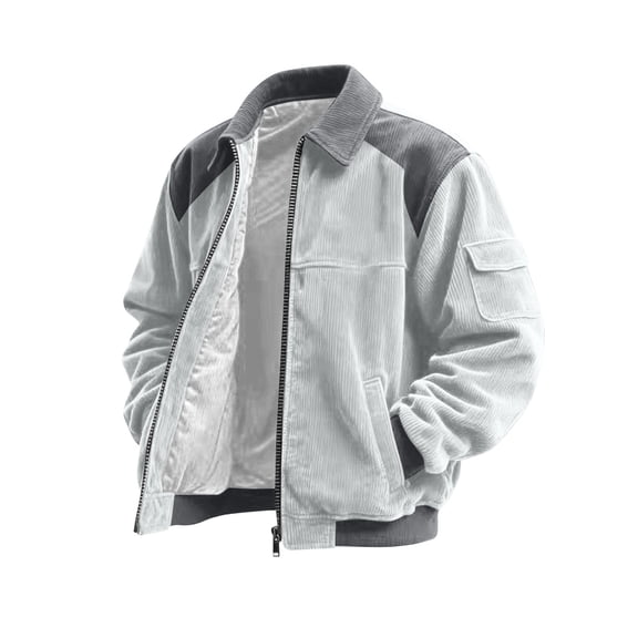 Corduroy Shirt Men Casual Zip Up Flannel Shirt Shackets Long Sleeve Collared Vintage Jackets with Pockets Gray M