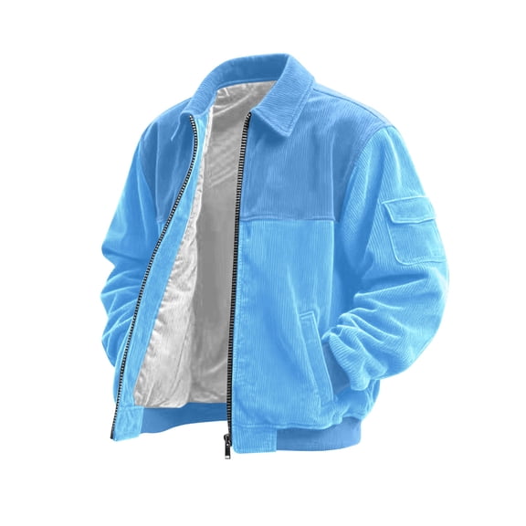 Corduroy Shirt Men Casual Zip Up Flannel Shirt Shackets Long Sleeve Collared Vintage Jackets with Pockets Light Blue L