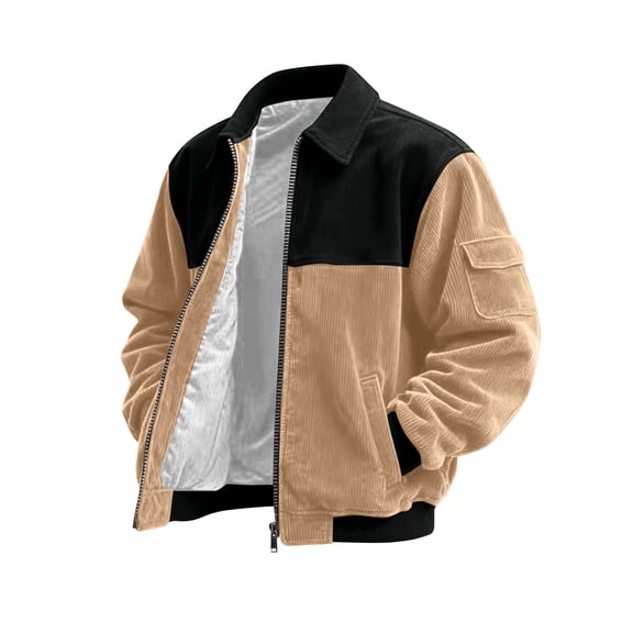 Corduroy Shirt Men Casual Zip Up Flannel Shirt Shackets Long Sleeve Collared Vintage Jackets with Pockets Light Brown L