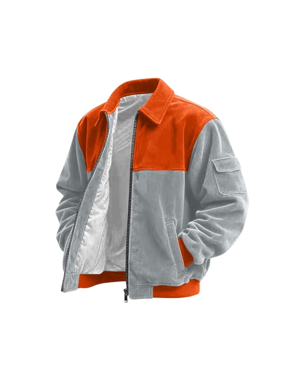Corduroy Shirt Men Casual Zip Up Flannel Shirt Shackets Long Sleeve Collared Vintage Jackets with Pockets Orange M