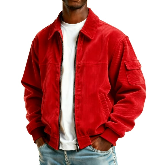 Corduroy Shirt Men Casual Zip Up Flannel Shirt Shackets Long Sleeve Collared Vintage Jackets with Pockets Red M