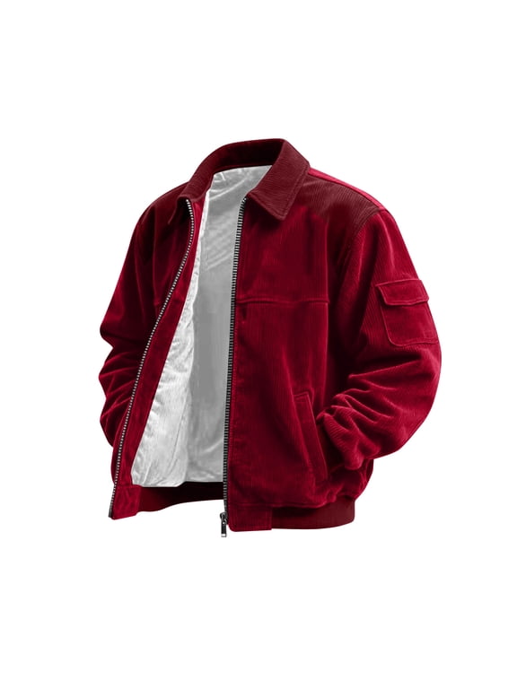 Corduroy Shirt Men Casual Zip Up Flannel Shirt Shackets Long Sleeve Collared Vintage Jackets with Pockets Wine M
