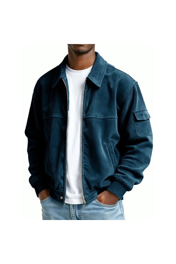 Corduroy Shirt Men Casual Zip Up Jacket Shackets Long Sleeve Collared Vintage Bomber Jackets with Pockets