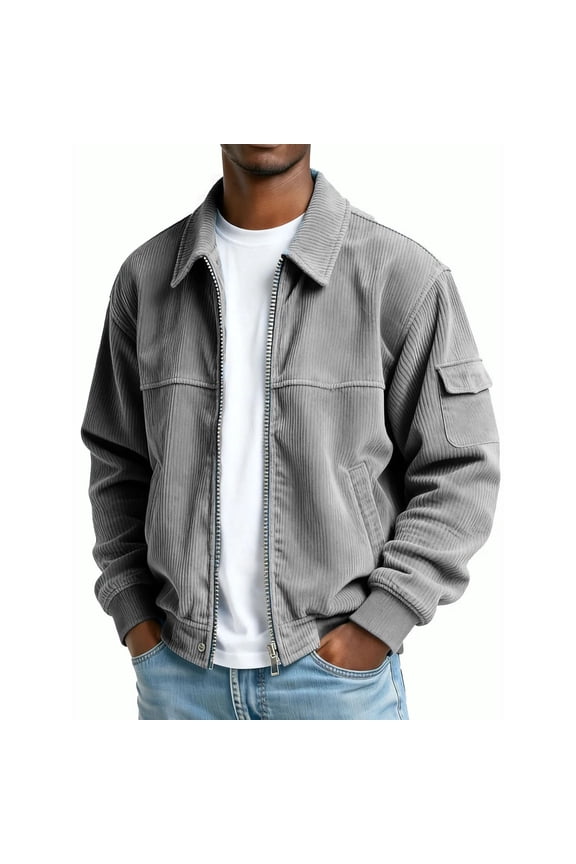 Corduroy Shirt Men Casual Zip Up Jacket Shackets Long Sleeve Collared Vintage Bomber Jackets with Pockets
