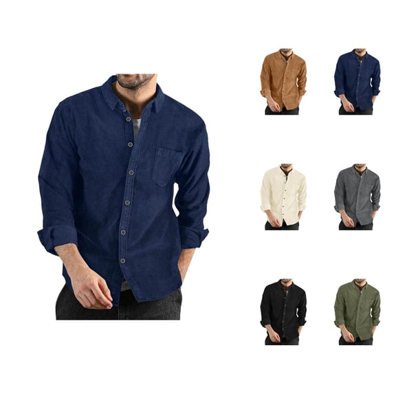 Corduroy Shirt Men Fall Winter Long Sleeve Button Down Collared Plain Work Shirts Business Casual Shirt