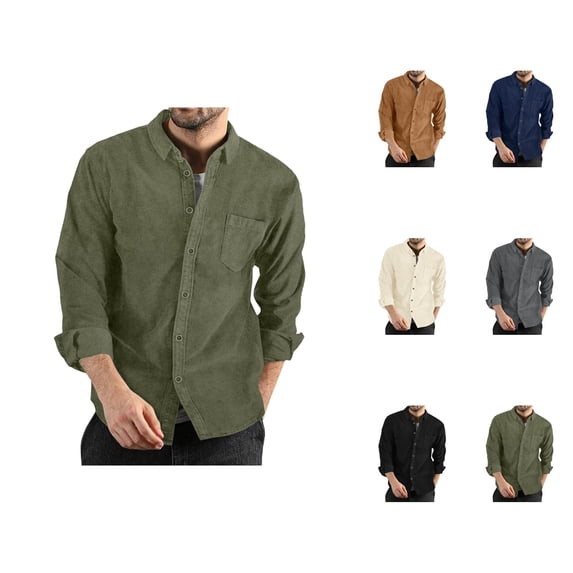 Corduroy Shirt Men Fall Winter Long Sleeve Button Down Collared Plain Work Shirts Business Casual Shirt