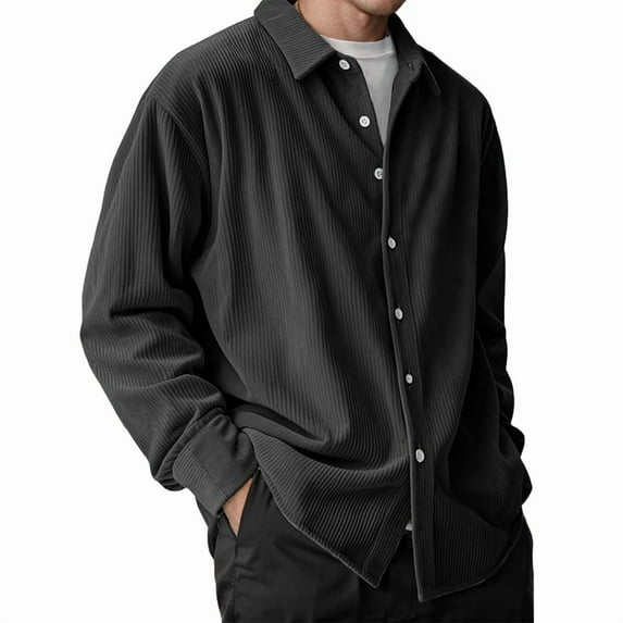 Corduroy Shirt Mens Lapel Long Sleeve Wrinkle Free Casual Button Down Shirts Work Overshirt Shackets Black 4XL