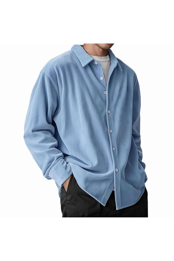 Corduroy Shirt Mens Lapel Long Sleeve Wrinkle Free Casual Button Down Shirts Work Overshirt Shackets Blue XXXL