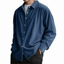 Corduroy Shirt Mens Lapel Long Sleeve Wrinkle Free Casual Button Down Shirts Work Overshirt Shackets Navy Blue XXXL